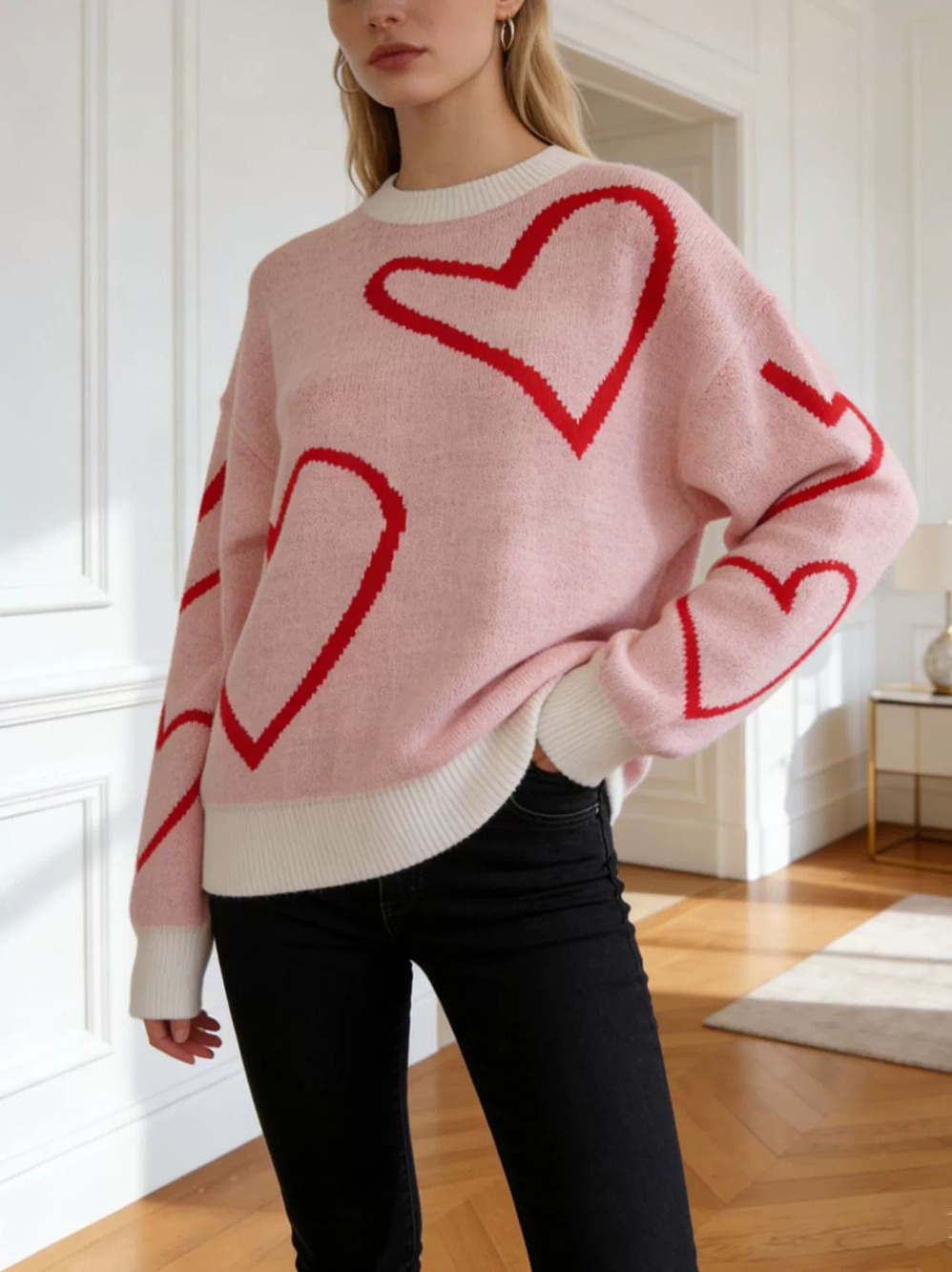 ZARA Valentine Oversized Soft Pink Contrast Heart Long Sleeve Knit Sweater
